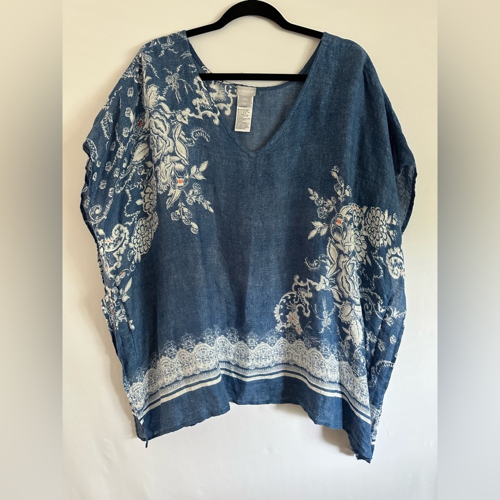 Chicos Womens Blouse Blue White Floral Cap Sleeve V Neck Boxy Lightweight